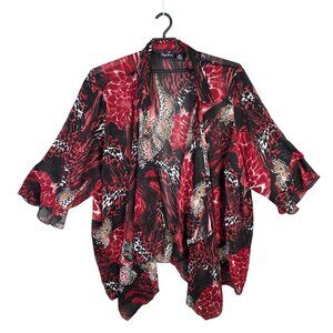 Womens Maggie Barnes Red & Black Floral Open Front Cardigan 3/4 Sleeve Size 6X